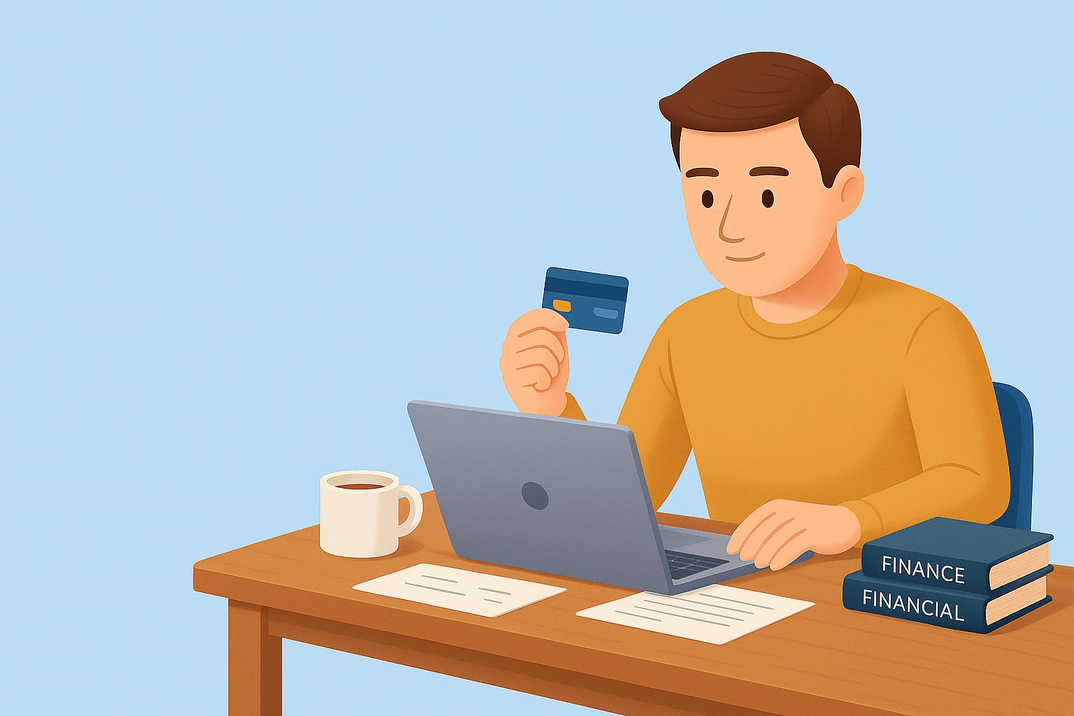 Pessoa estudando finanças com cartão e notebook